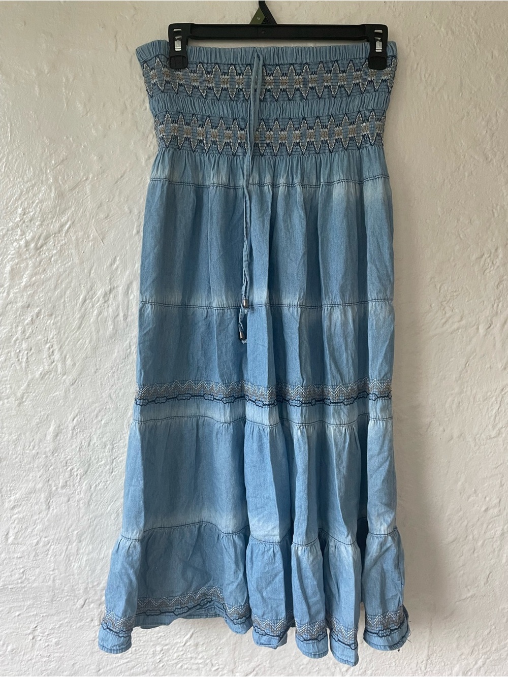 Indigo + Lace boho tiered maxi skirt / dress elastic waist drawstring. Size M
